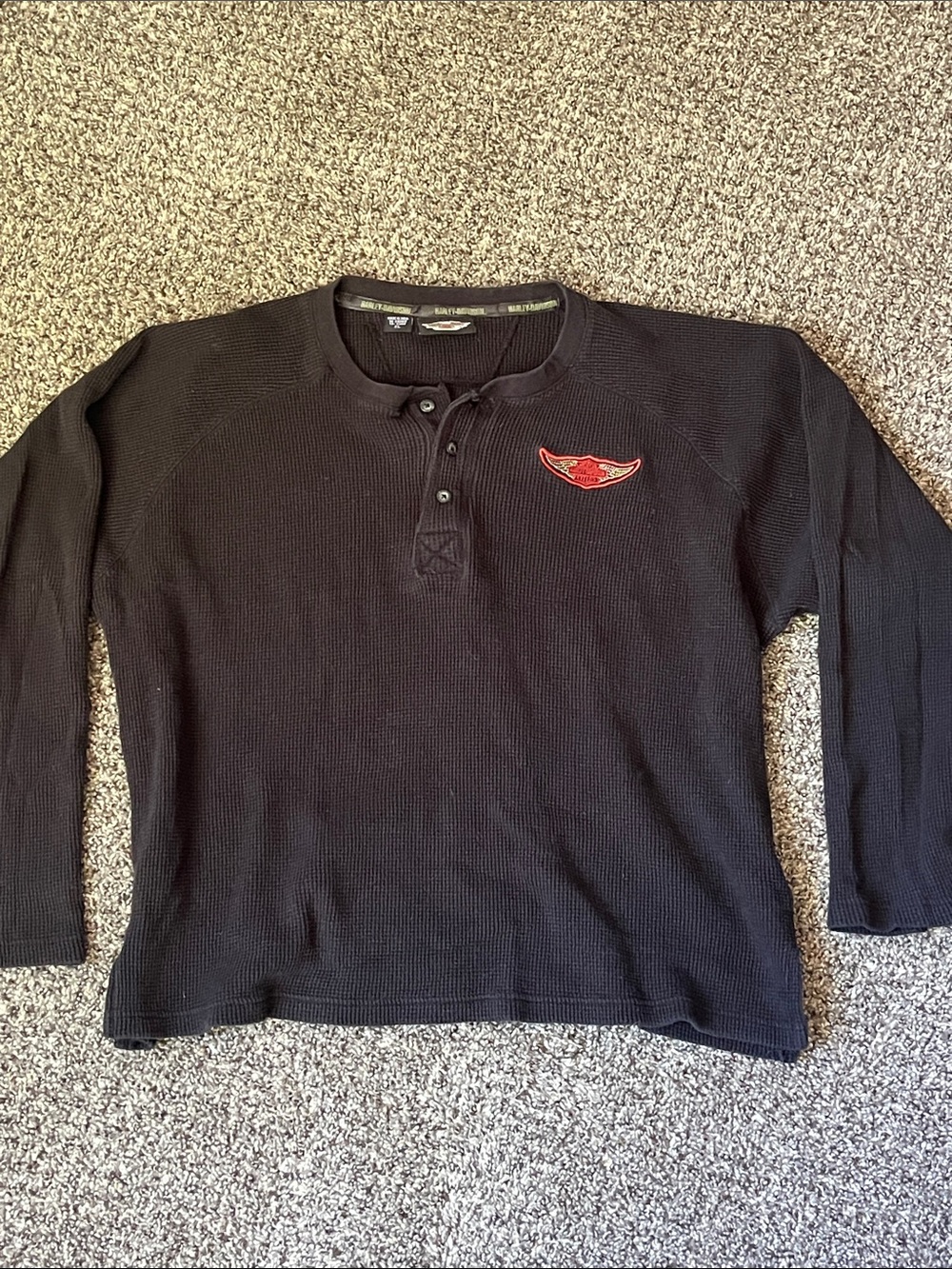 Harley-Davidson Black Long Sleeve Waffle-Knit Henley with Red Patch